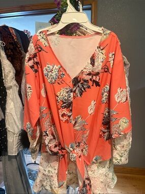 Coral Floral Tie-Front Blouse - Women's V-Neck